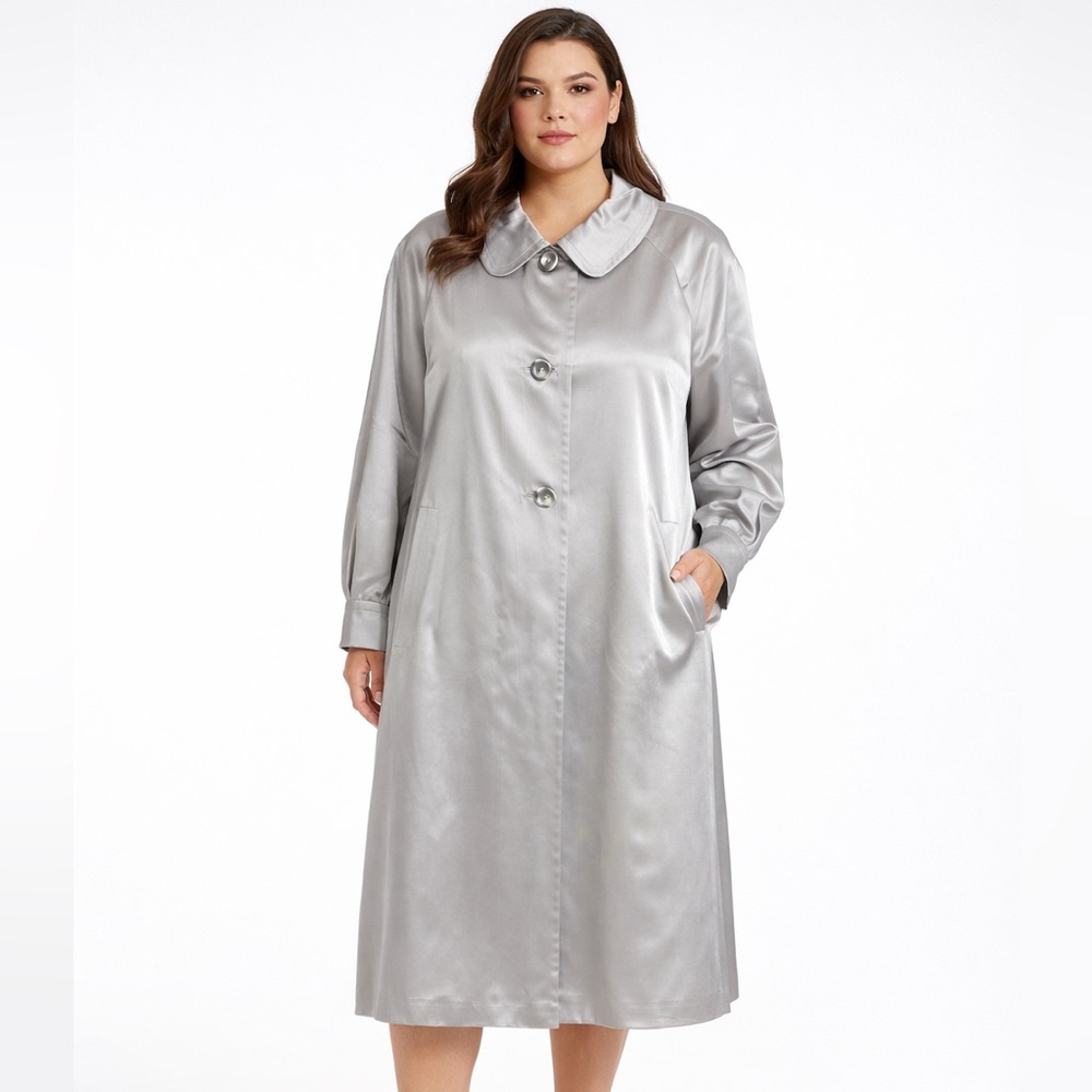 Escada‎ RARE Vintage 100% Silk Silver Satin Overcoat